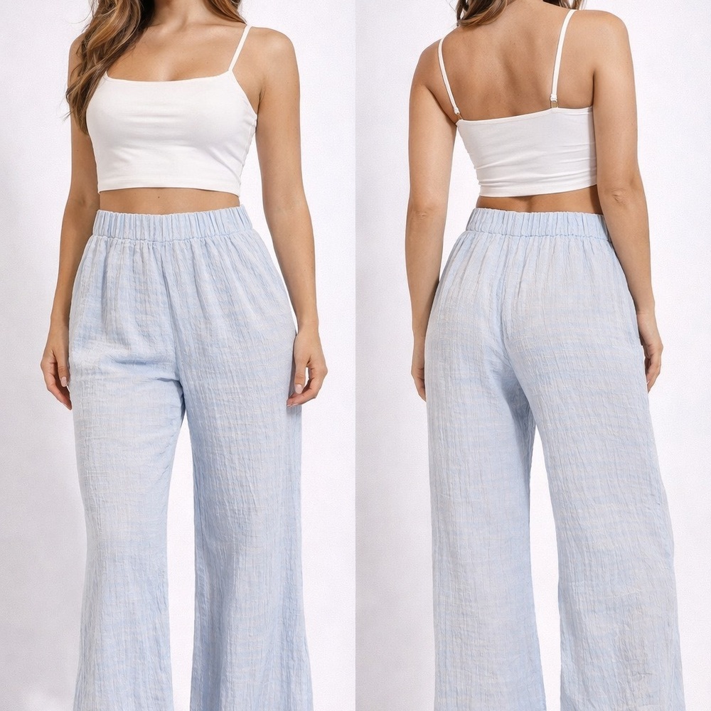 SHEIN Light Blue Straight Leg Linen-Blend Pants